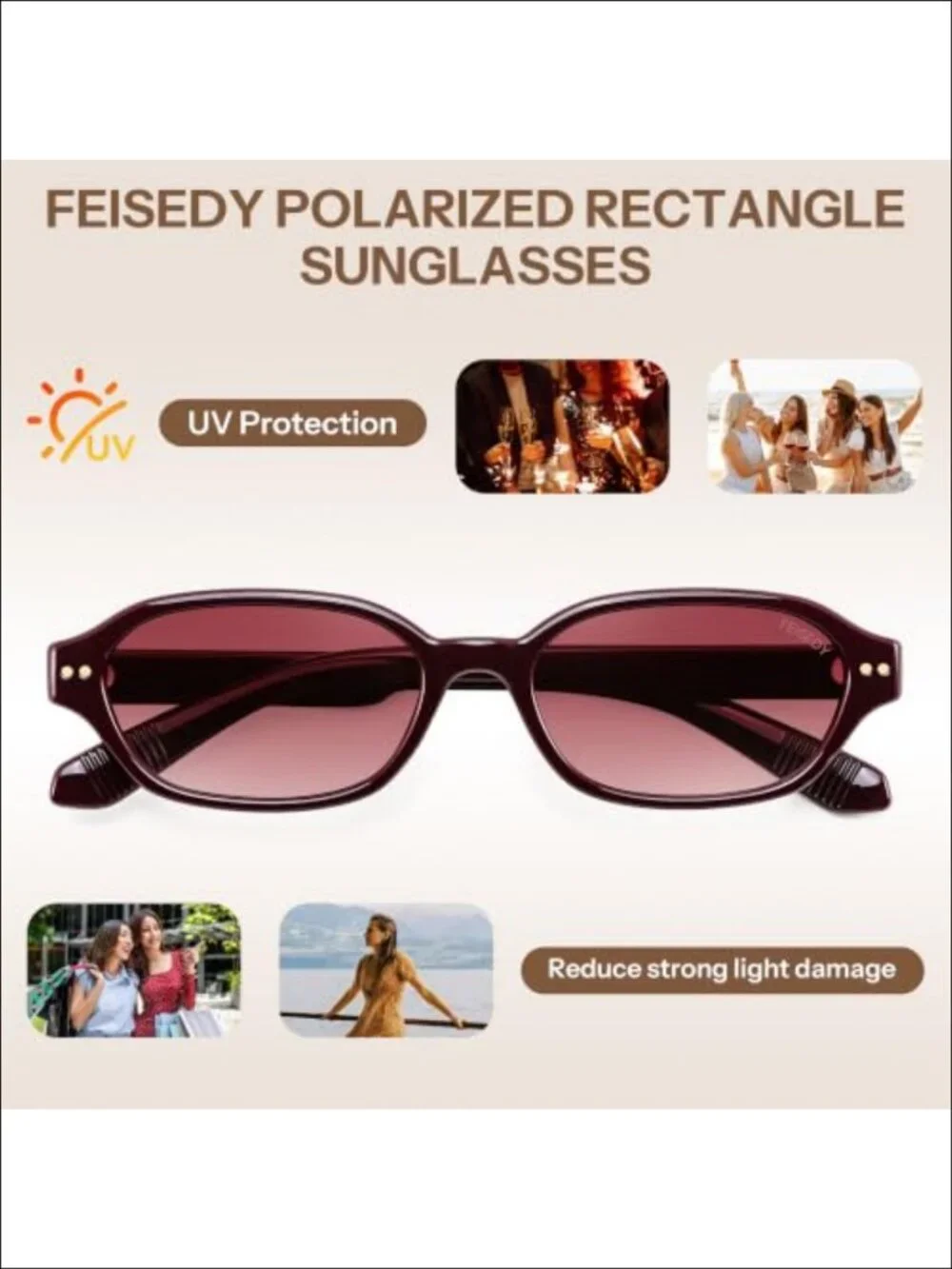FEISEDY Retro Polarized Rectangle Sunglasses UV400 Slim Fit Y2K 90s